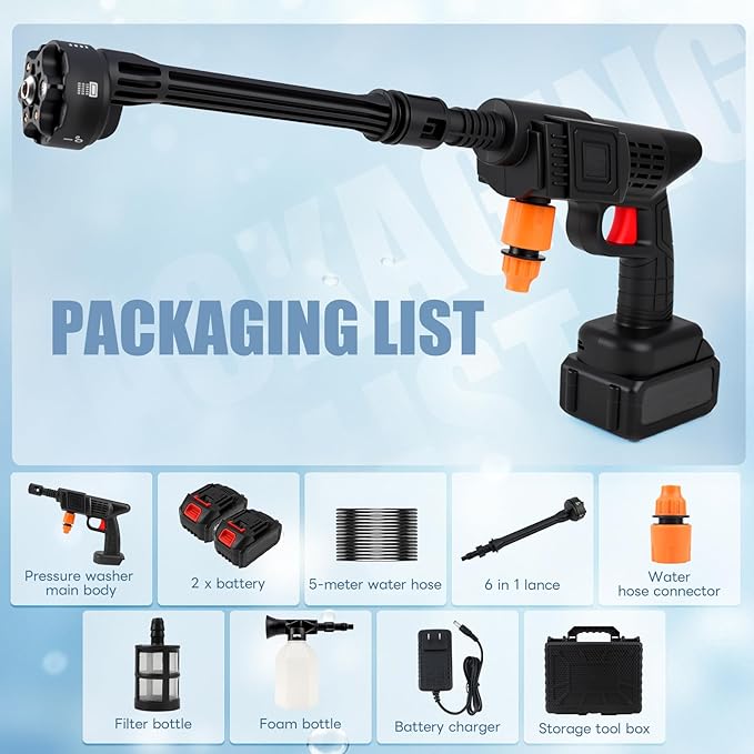 Cordless Pressure Washer with 6-in-1 Nozzle, Portable Water Spray Gun with Foam Cannon, 600PSI Electric Pressure Jet Washer, Battery Powered Car Cleaner Machine for Wall Fence Floor Cleaning (Black)