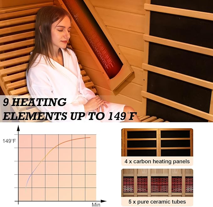 Infrared Sauna with Recliner, 2 Person Hemlock Wooden Dry Saunas with 220V/3400W, Indoor Home Sauna Spa with 9 Heating Panels, Bluetooth Speaker, 7 Color Lights, Oxygen Bar