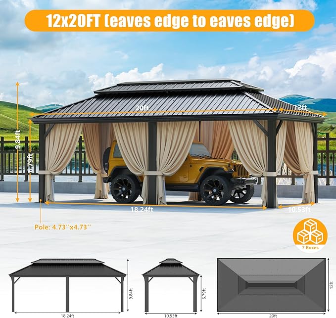 HOTEEL 12x20 Gazebo with Metal Roof Heavy Duty Hardtop Gazebo with Flame-Retardant Curtain & Netting, Hot Tub Gazebos with Metal Double Roof, Outdoor Canopy for Patio, Party, Brown(2025 Pro)