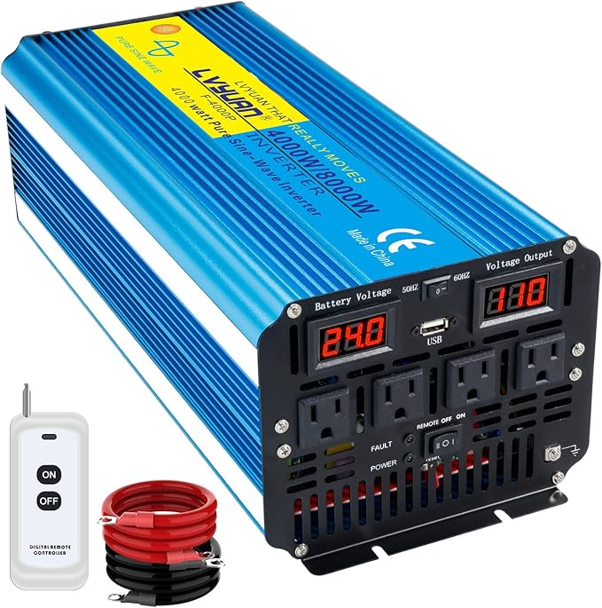Yinleader 4000W Pure SINE Wave Power Inverter DC 24V to 110V/120V AC Converter w/Wireless Remote Control LED Display 1 USB Port, 4 AC Outlets for RV Truck Solar System Emergency