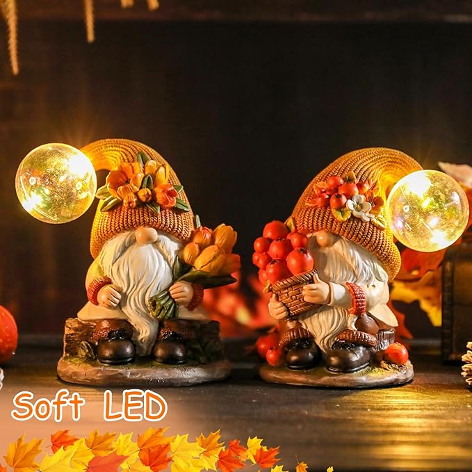 Bdor Fall Gnomes Garden Decor 7 Inch – Harvest Gnome Statue with LED Crackle Globe Lights, Autumn Yard Ornaments for Thanksgiving, Outdoor Lawn, Porch, Patio, Garden Decorations
