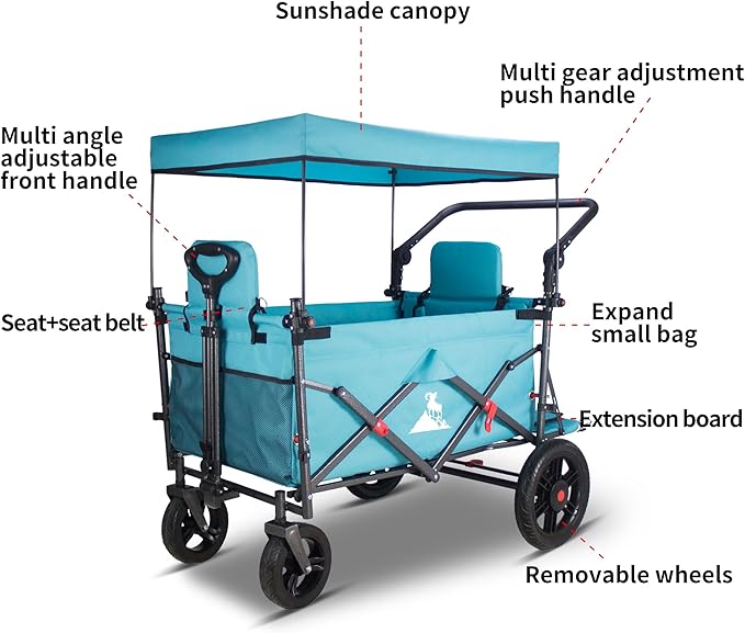 Collapsible Wagon Cart with Quick-Release Wheels & 2 Seats - Heavy-Duty Utility Wagon 265LBS Capacity for Camping, Garden, Shopping Folding Wagon (Turquoise)
