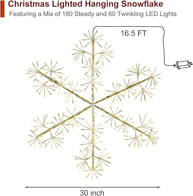 30’’ Christmas Snowflake Lights Outdoor, Pre-lit 240Pcs Warm White LEDs Hanging Golden Snowflake Decoration for Home Indoor Outdoor Window Silhouette