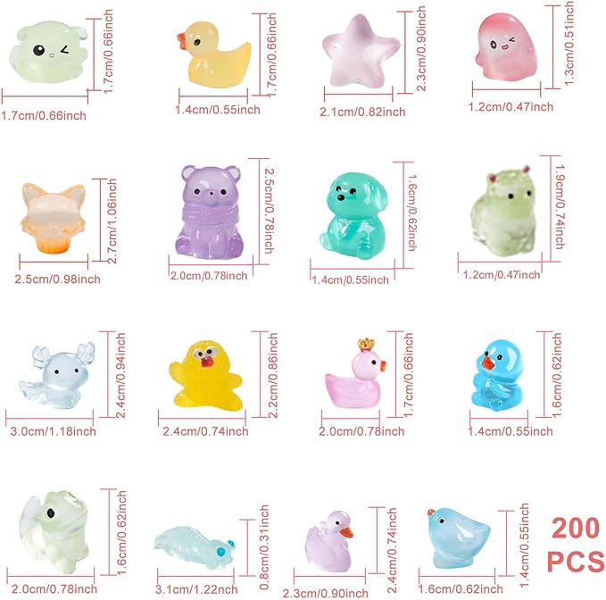 Luminous Mini Resin Animals 200 Pcs Tiny Resin Animals Figurines to Hide Mini Ducks Dinosaurs Glow in Dark for DIY Garden Miniatures Fairy Garden Accessories