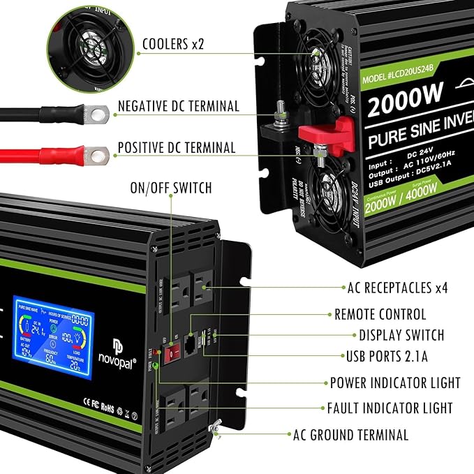 Novopal 2000 Watts Pure Sine Wave Inverter 24V DC to 120V AC Converter for Truck,Home, RV, Off-Grid Power Inverter 24V to 110V with LCD Display, Remote Controller Black