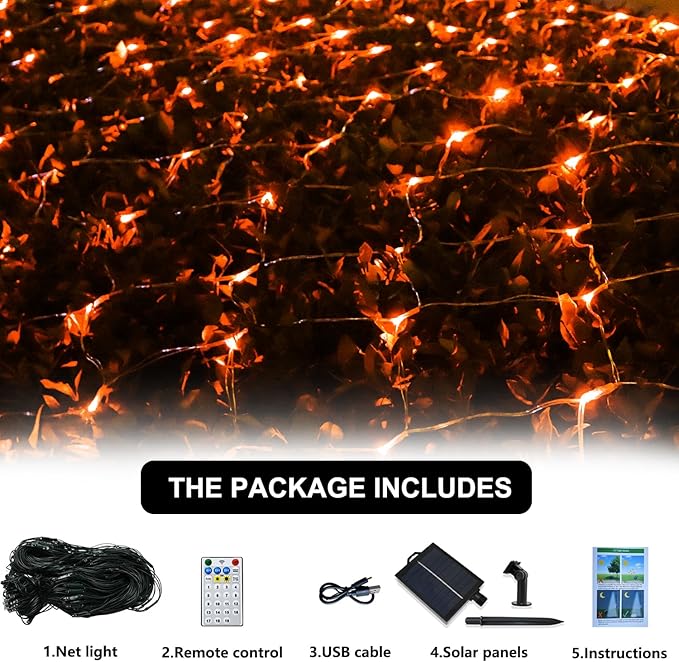 Solar Net Halloween Lights Orange Fall Decor, 200 LED Mesh Lights Outdoor, 19 Modes Transparent Wire Solar Powered Wrap Tree for Garden, Yard, Bushes, Trunk, Christmas Decor-9.8ft x 6.6ft