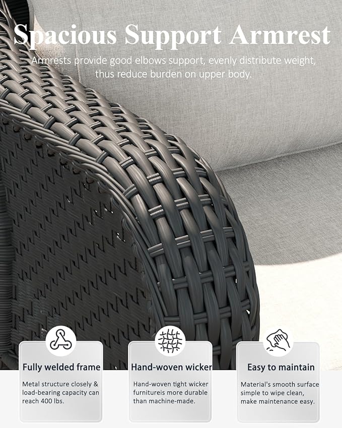 LayinSun 6 Piece Wicker Outdoor Furniture Set with 6-inch Comfy Cushions, High Back Patio Furniture Set with Swivel Rocking Chairs and Side Table