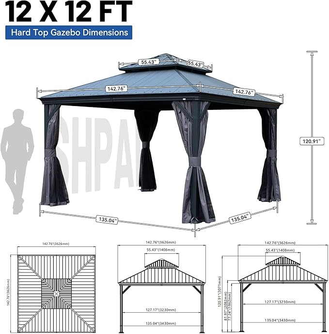 Outdoor Hardtop Gazebo for Patio 12x12FT with Resin-Galvanized Steel Roof, Metal Hard Top Gazebo with Gutters, Heavy Duty Gazebos All Season with Curtains & Netting, for Deck, Backyard, Hot Tub