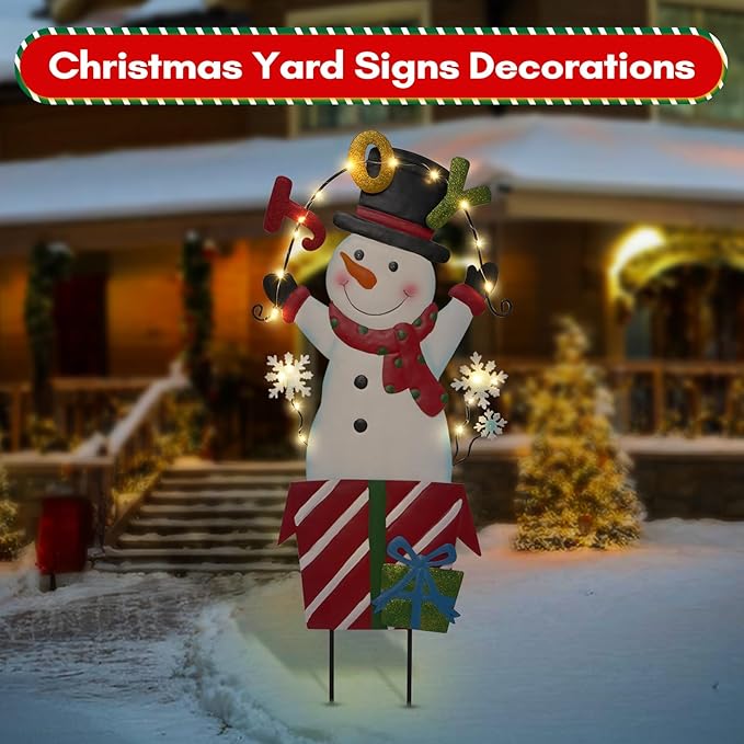 Solar Christmas Lights Outdoor Garden Stakes, 30in Metal Snowman Yard Signs with LED String Lights, Waterproof Christmas Decor for Xmas Lawn Pathway Patio Party Winter (Snowman)