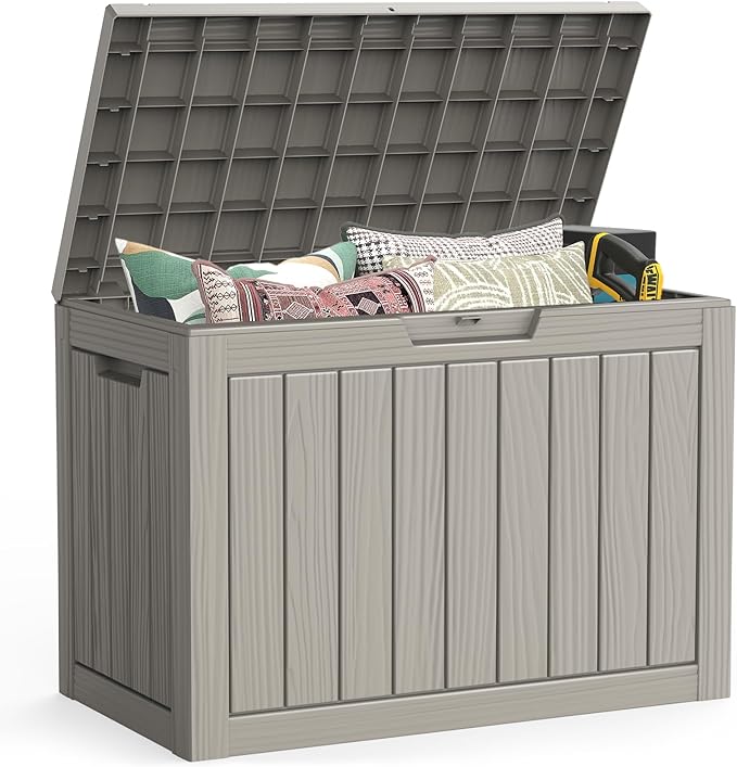 Outdoor Storage Box, 50 Gallon Deck Box Waterproof, Resin Patio Storage Bin for Package Delivery, Patio Furniture Cushion, Garden Tools, Pool Accessories, Weatherproof, Grey