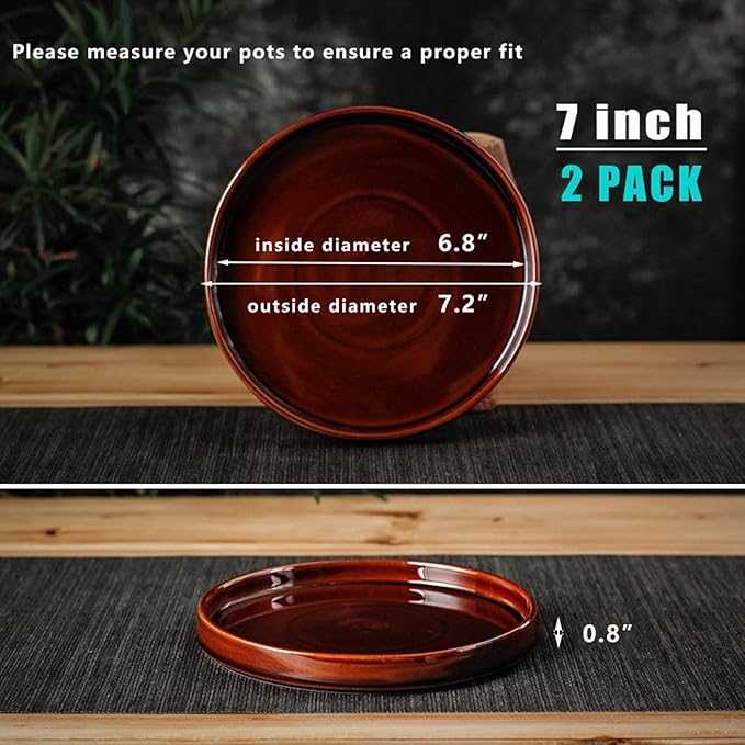 Ceramic Plant Saucer 7 Inch, 2 Pack Round Plant Trays for Indoors/Outdoors, Flower Pot Saucers for Holding Water Drips and Soil, Ceramic Drainage Tray for Plant Pot (Brown)