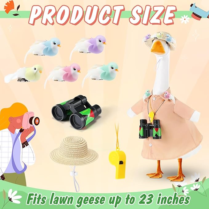 9 Pcs Bird Watcher Goose Outfits Hiking Costume Clothing T-shirt Straw Hat Binoculars Birds Whistle for 23'' Cement Porch Goose Summer Outdoor Garden Yard Lawn Patio Statue Art