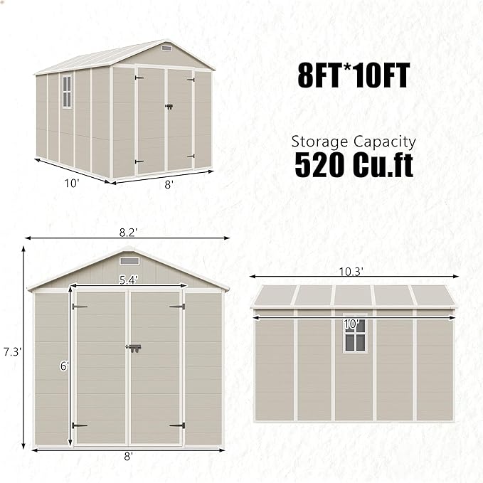 Outdoor Shed 5x3/6x4/7x7/8x6/8x10/8x12 FT, 15MM Thick PP Resin Plastic Shed with Lockable Door & Floor - Waterproof Plastic Tool Shed for Bike, Garbage Can, Backyard, Patio ﻿ ﻿ (Light Brown, 8x10FT)
