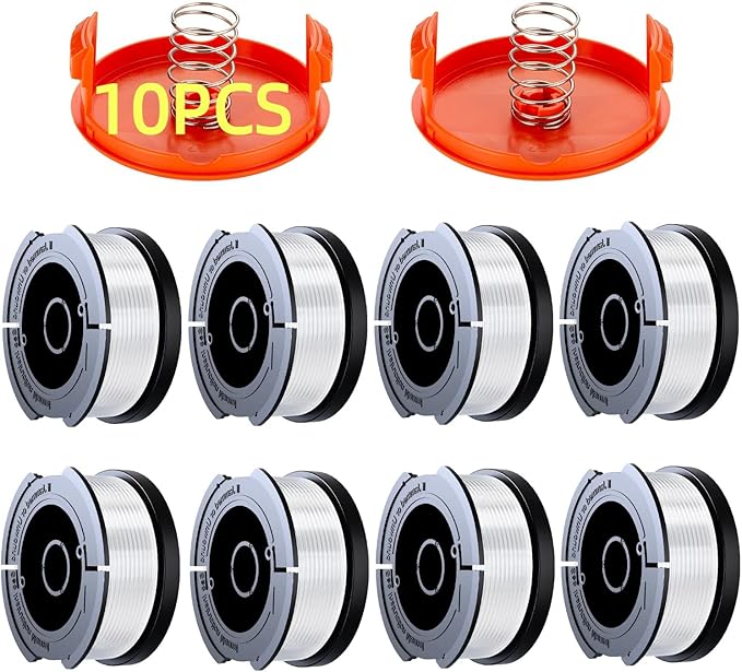 10 Pack Weed Eater String Compatible with Black+Decker, AF-100 0.065" Weed Wacker String Refill 240ft Automatic Feed String Trimmer Replacement Spool Line for Black&Decker(8 Spool+2 Cap+2 Spring)