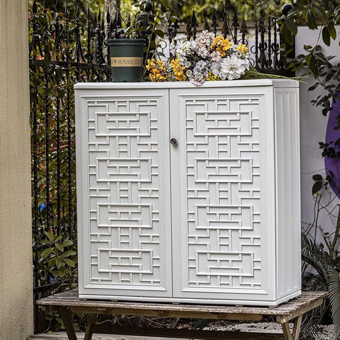 KINYING Outdoor Storage Cabinet Waterproof with Doors, 60 Gallon Resin Deck Box for Patio Furniture Cushions, Garden Tools, Pool Tools and Kids’ Toys (Off-White with 1 Shelving)