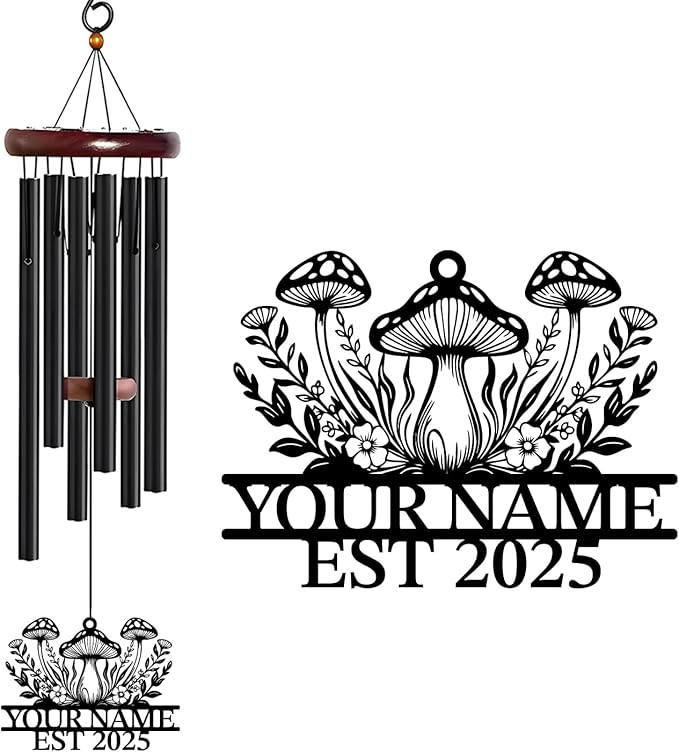 Personalized Customize Name Fantasy Mushroom Wonderland Wind Chime, Metal Iron 37 Inch Outdoor Memorial Gift for Garden Yard Patio Home Decor, Black (Style A)