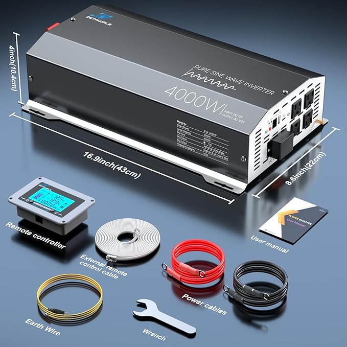 4000 Watt Pure Sine Wave Inverter 12v DC to 110v 120v AC Converter,8000W Peak Power Inverter with 4 AC Outlets,USB Port,Type-C,Remote Control LCD Display for Truck, RV, Vehicles, Solar Off-Grid