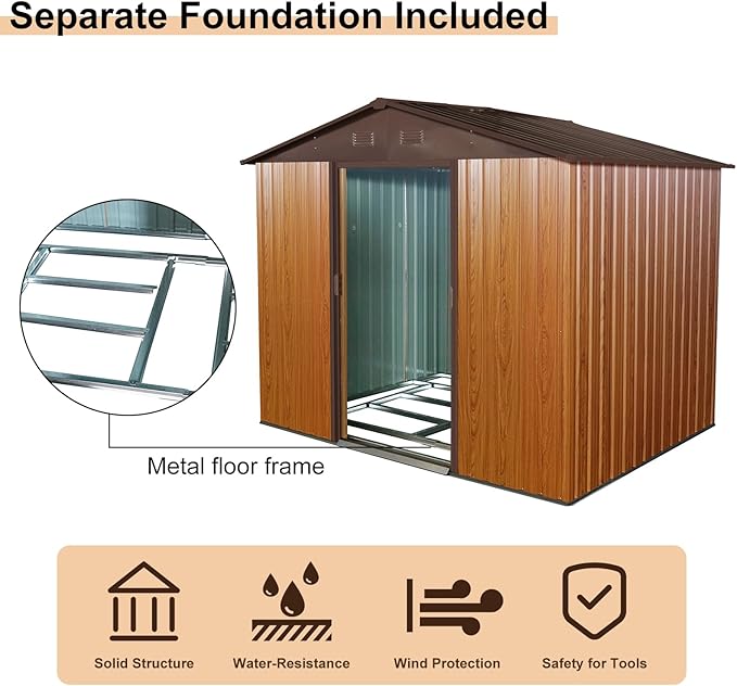 8 x 6 FT Outdoor Storage Shed, Metal Garden Shed with Floor Frame, Tool Shed Outdoor Storage with Lockable Sliding Doors & Air Vents, Storage House Waterproof for Backyard, Lawn, Coffee