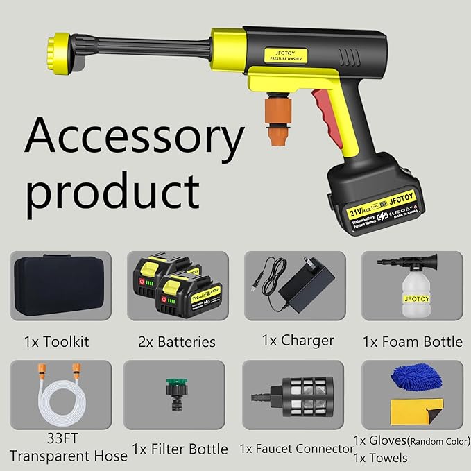 Portable Cordless Pressure Washer, 1200 PSI Portable Power Washer Can be Connected Directly to The Tap with 2 Battery, 6 in 1 Nozzle, 33FT Hose, for Car, Fence, Floor, Patio