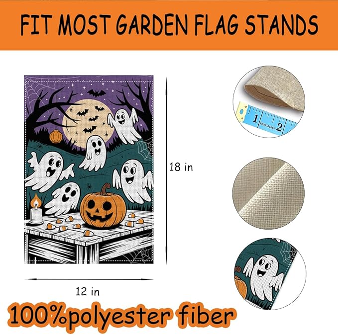 HTBIG Halloween Ghost Garden Flag, Funny Halloween Ghost Pumpkin Decor, Yard Flags for Outside 12x18 inch, For Holiday Yard Outdoor Decorate