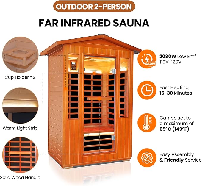 Outdoor Sauna 2 Person Sauna Infrared Saunas Dry Sauna Room 2080W/110V Low EMF Outer Board Red Cedar/Inner Board Fir Wood, Oxygen Bar, Speaker, LCD Control Screen, LED Lights - 48.8*38.2*81.9 in