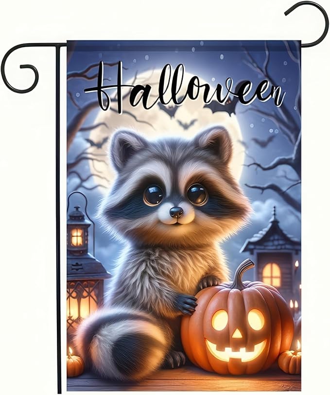Welcome Halloween Garden Flag Fall Pumpkin Raccoon Garden Flag Vertical Double Sided 12 x 18 Inch Seasonal Autumn Thanksgiving Yard Outdoor Decoration