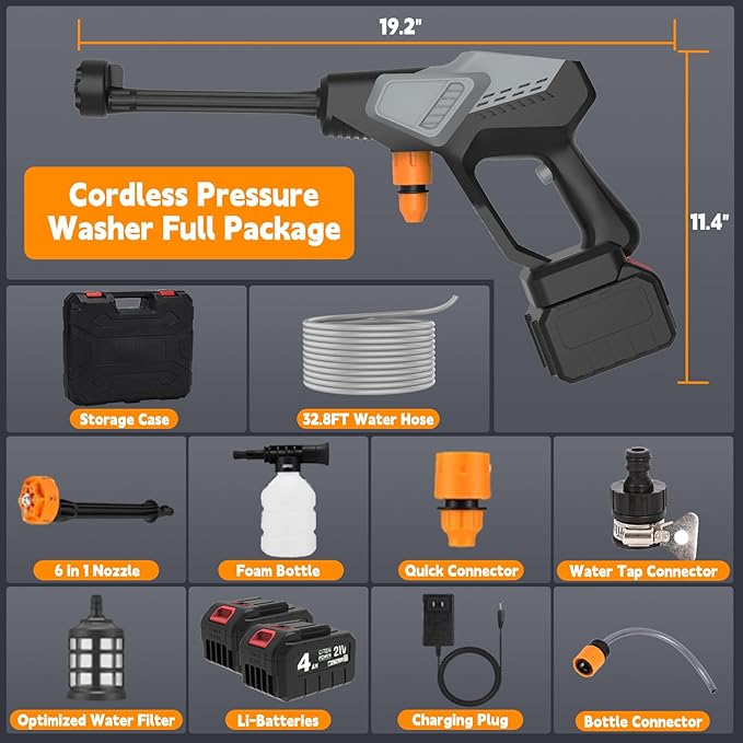 Cordless Pressure Washer, 800 PSI Portable Power Washer with 6-in-1 Nozzle, 2×4.0Ah Battery & 32.8FT Hose, Battery Pressure Washer for Car, Garden & Home Cleaning
