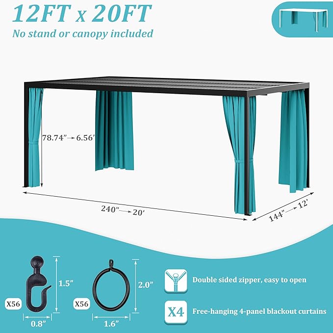 Gazebo Universal Replacement Privacy Curtain,12'×20' Gazebo Outdoor Waterproof Curtains, 4-Panels Sidewall Curtains with Double Zipper for Patio Canopy, Garden and Backyard (Curtain Only)