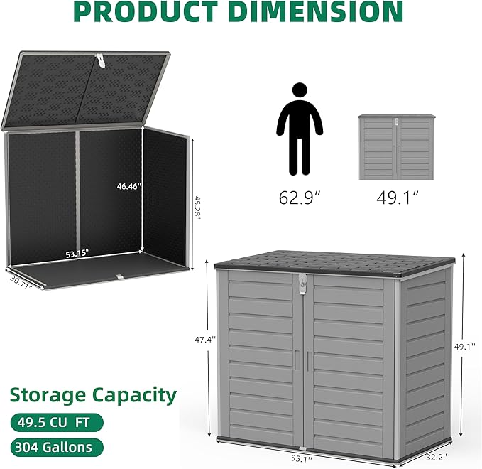 Outdoor Trash Can Storage Shed 4.6 x 4.1 FT, 304 Gallon Resin Shed with Lockable Doors & Lift Lid, Waterproof Outdoor Storage for Garden Tools, Cushions and Patio Equipment (Gary)