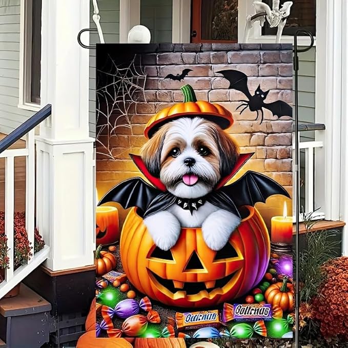 Happy Halloween Garden Flag 12x18 Double Sided Dog Pumpkin Garden Flag for Outside Witch Hat Small Flag for Outdoor Holiday Home Decor Banner