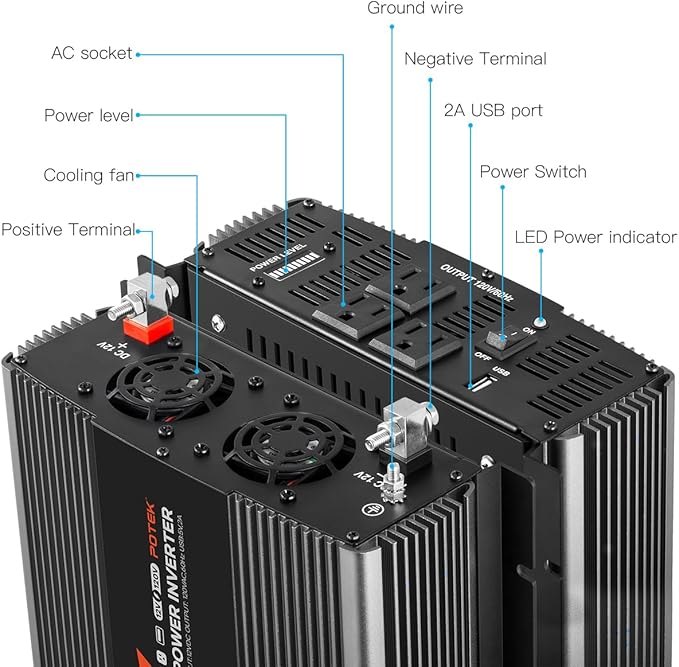 POTEK 2500W Power Inverter 12V DC to 120V AC Converter with 3 AC Outlets