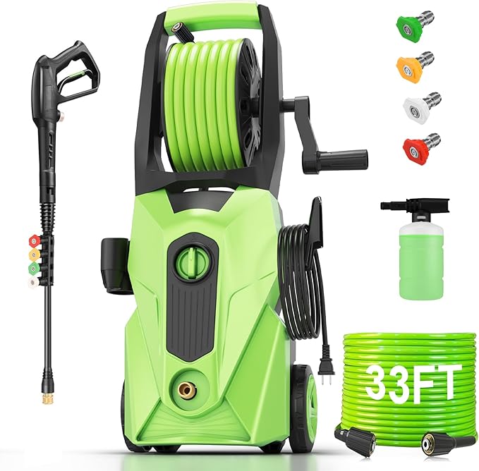 Pressure Cleaner 5000PSI Power Cleaners Powered with 33ft Pressure Hose, 4 Nozzle and Foam Cannon, powerCleaners for Home, Cars, Fences, Patio, Green