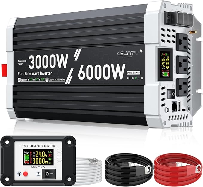 3000 watt Pure sine Wave Inverter, 24V DC to 110V AC Power Inverter, Used for Solar Emergency Power Supply in RV Homes, with 3 AC Output sockets, USB Port, Type-C Port, Remote Control with LCD Screen