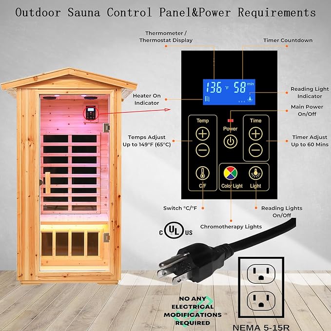 Old Fir Wood Low EMF Far Infrared Outdoor Sauna(1560W) + Infrared Foot Spa Bucket(175W), Home Sauna with LCD Control Panel, Chromotherapy Light, Reading Light, Bluetooth Speaker