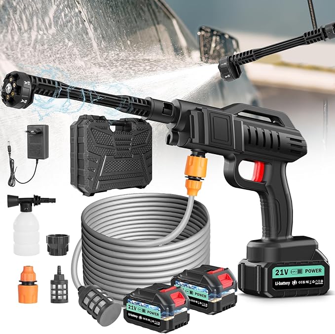Cordless Pressure Washer Gun, 1160PSI Portable Pressure Washer Cordless, Portable Car Washer with 2 Battery&6-in-1 Nozzle&5m Hose Cordless Jet Washers Handheld Power Washer for Home/Yard/Fence/Garden