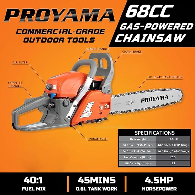 PROYAMA 68CC 2-Cycle Top Handle Gas Powered Chainsaw 24 Inch 20 Inch Petrol Handheld Cordless Chain Saw for Tree Wood Cutting