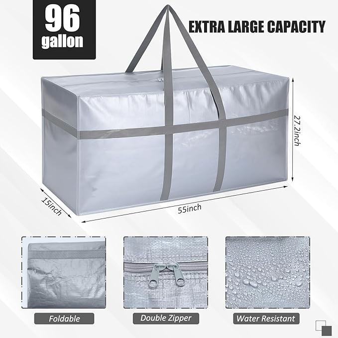 4 Pcs 96 Gallon Large Moving Bags with Zipper and Handles Foldable Storage Duffle Bags Heavy Duty Extra Large Totes for College Dorm Travel Clothes Blankets Bedding Moving (Silver)
