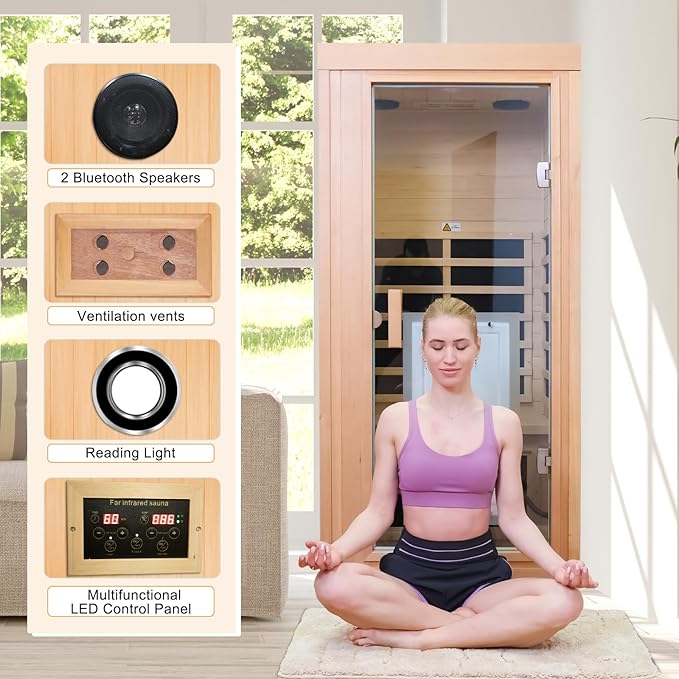 1 Person Infrared Saunas for Home, Dry Sauna for Home, Low Emf Infrared Sauna 1350W Indoor Saunas for The Home, Traditional Sauna, Bluetooth Speakers, Reading Lamps, Room:63 * 32 * 32 Inch