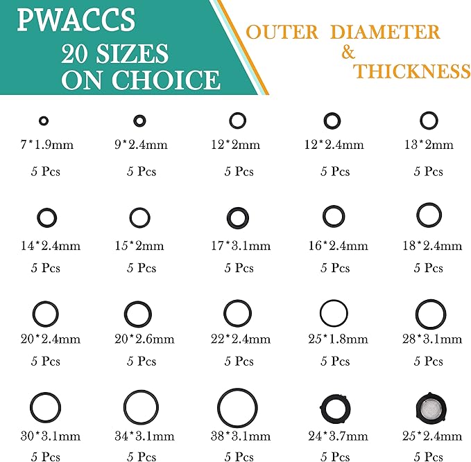 PWACCS High Pressure Washer O Ring Kit, Replacement Rubber Ring for Power Washer, General for Pump, Coupler, Adapter, Hose, Gun and Nozzle, 100 Pieces