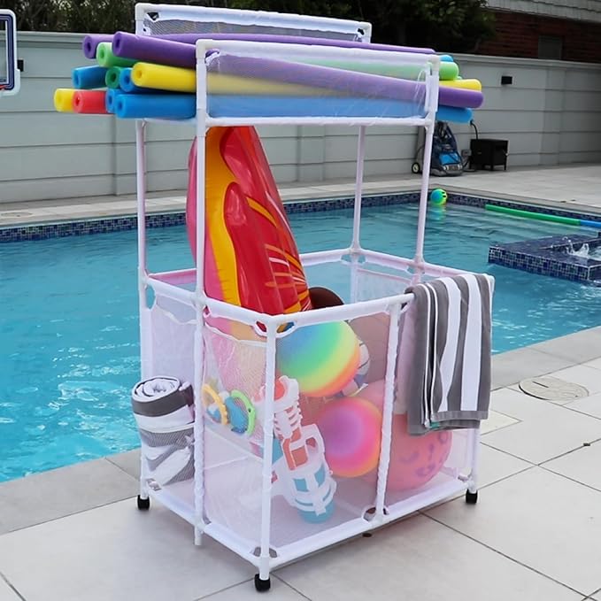 Essentially Yours Pool Storage Equipment Organizer Holder - Noodles, Toys, Balls and Floats Mesh Rolling Double Decker Bin, Large with Noodle Holder, (35.3" W x 23" L x 59.4" H), White Style 561935