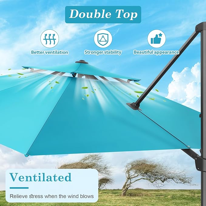 HOTIME10x10ft Patio Umbrella Cantilever Umbrella Double Top - Upgrade and Intensify - 360 Rotation and 5 Angles Adjustment - Aluminum Offset Pool Umbrella Outdoor Umbrellas for Patio Garden Deck Pool
