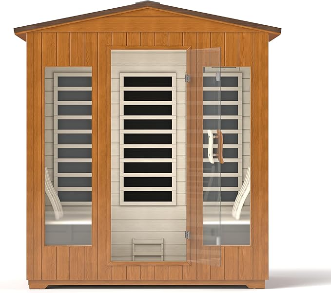 Springspa Outdoor Sauna 4 Person, Infrared Sauna for Home, Wooden Outdoor Saunas Room, 3400 Low EMF Far Infrared with Bluetooth, LCD Panel, 7 Color Chromotherapy Lamp, Reading Lamp
