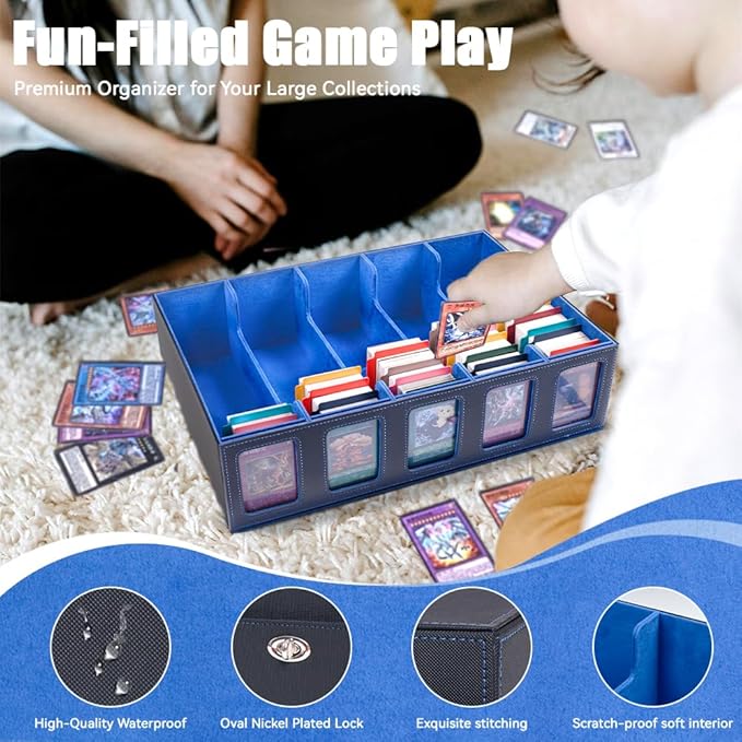5-Row 3900+ Trading Card Storage Box for MTG, Card Deck Box with Snap-fit Design, 5 Card Sleeves, 10 Stoppers, 80 Dividers and 1 Dice Tray (Black-Blue)