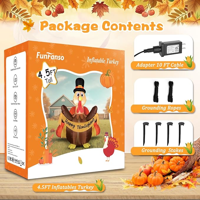 FunFanso Thanksgiving Inflatables Turkey Outdoor Decorations with Built-in LED Lights, 4.5FT Tall Blow Up Turkey with Pilgrim Hat and Colorful Tail for Lawn Yard Garden Party House Holiday Decor