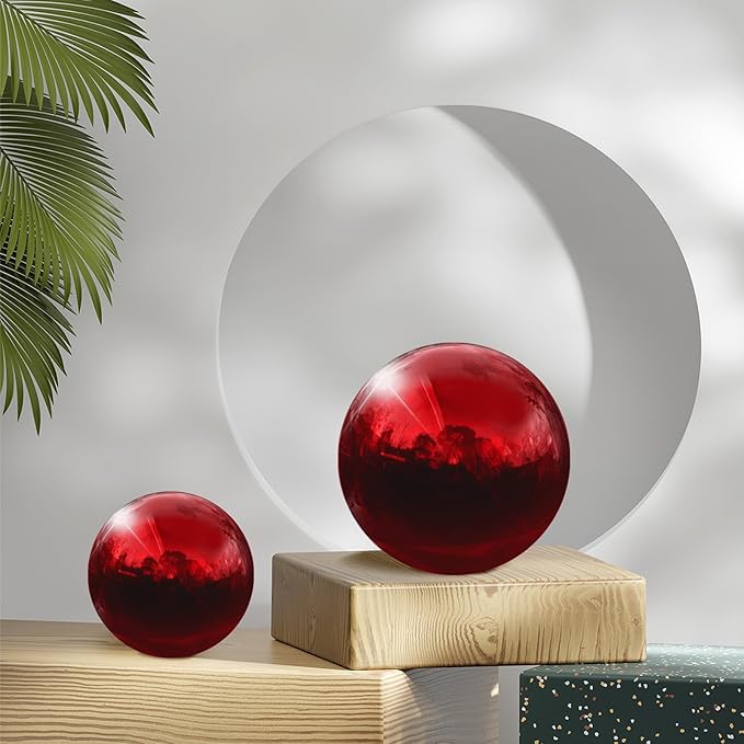uxcell 2 Pcs Gazing Globe Decor Ball 2.5 Inch 63mm Reflective Garden Sphere Hollow Ball, Seamless Stainless Steel Gazing Ball, Smooth Mirror Globe for Garden Home Decor, Ruby Red