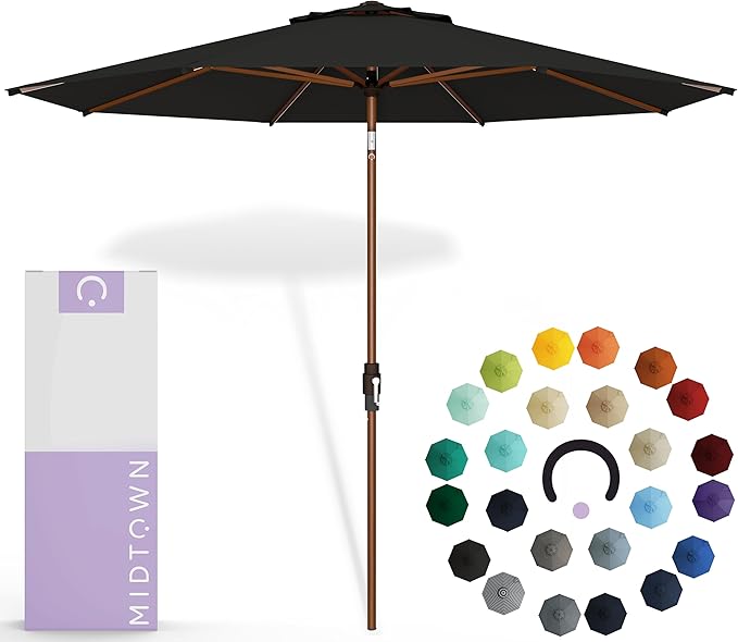 Midtown Umbrellas Sunbrella Umbrella Outdoor Patio Umbrella 2-9 Feet in Sunbrella Black Acrylic Fabric, Auto-Tilt Aluminum Frame For Backyard Umbrella, Deck Umbrella & Porch Umbrella - Wooden Pole