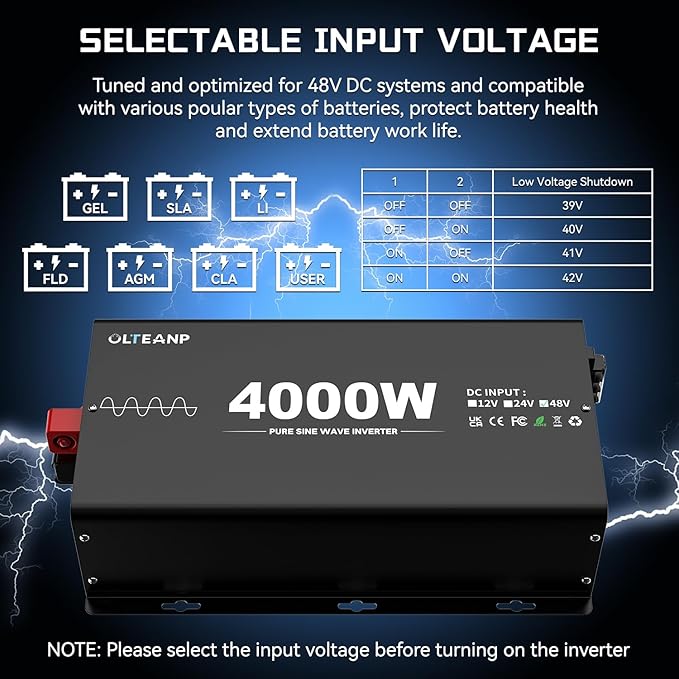 New 48V 4000 Watts Pure Sine Wave Inverter, 48V DC to 110V/120V AC Power Inverter with 4 AC Outlets, USB Port, Type-C Port for Truck, Vehicle, Power Outage, Remote Control with LCD Screen