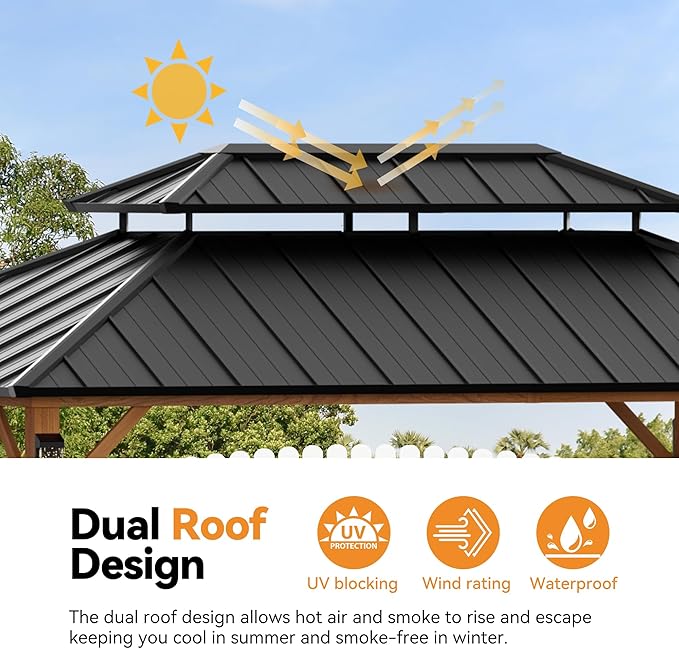 Modern Shade The Horizon Hardtop Gazebo 10' x 14' with 4 LED Lights, Permanent Outdoor Gazebo with Galvanized Steel Double Roof, Grill Pavilion with Decor Hooks, Mosquito Nettings, Wood-Looking