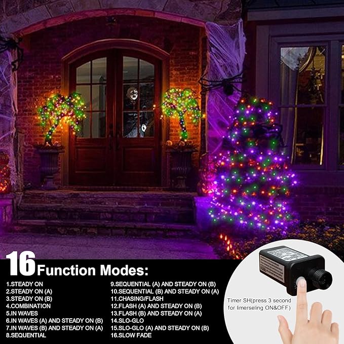 33ft Halloween Decorative Mini Lights, 100 LED Clear Wire Fairy Starry String Lights Plug in, 16Lighting Modes for Halloween Outdoor Party Decoration (Orange/Purple/Green)