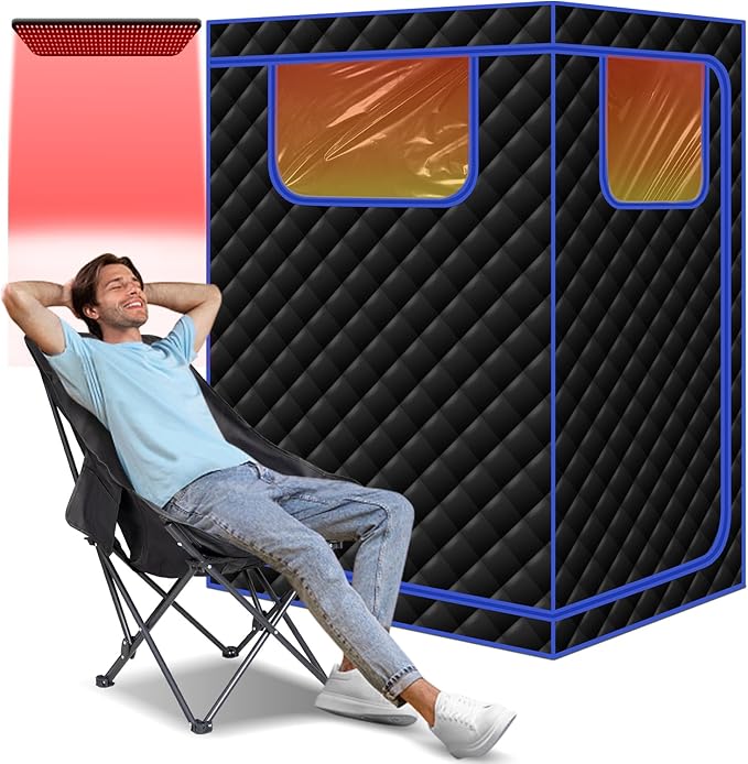 Smartmak Portable Infrared Sauna,1 or 2 Person Oversize Infrared Sauna Box with 660nm Red Light Therapy, Full Body Sauna Tent for Home, Folding Chair (Blue-2 Person)
